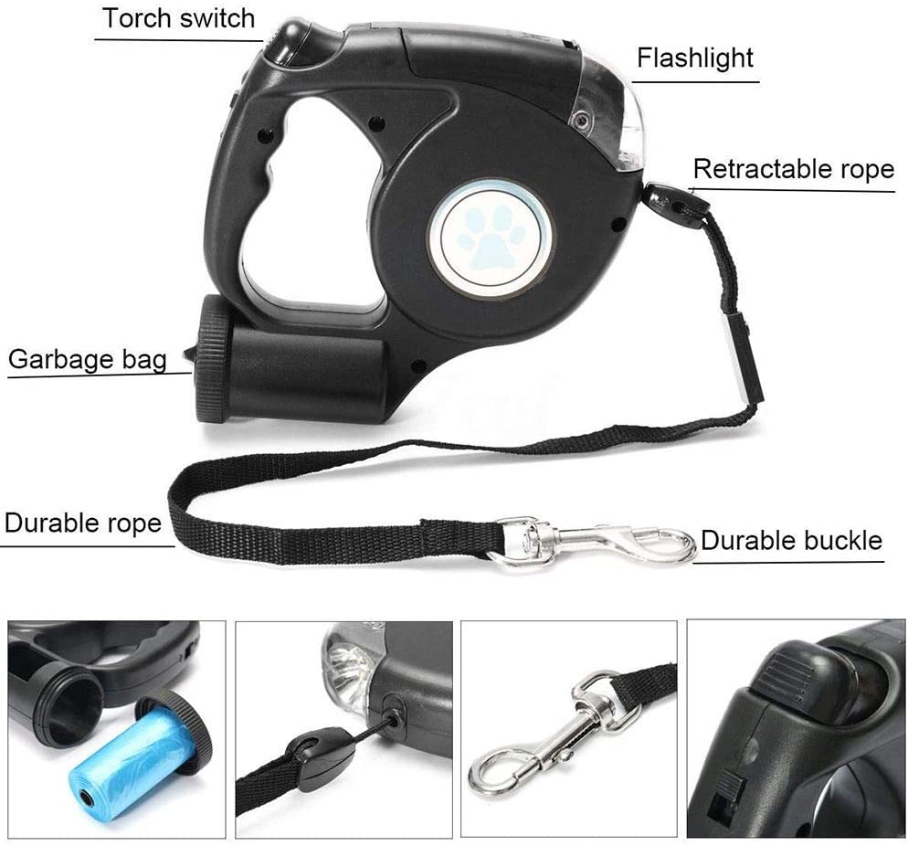 3 in 1 Retractable Dog Leash with Light and Bag Dispenser